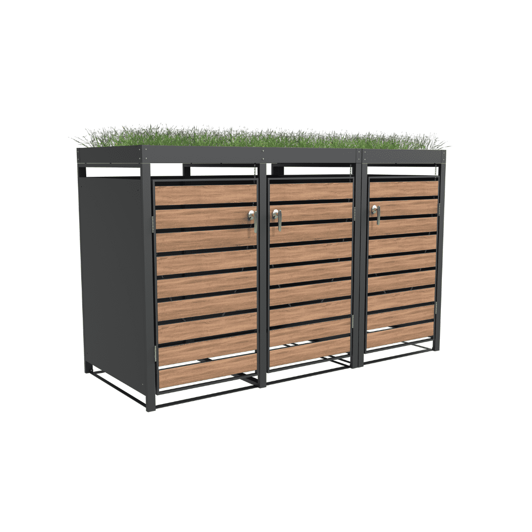 Triple Bin Storage with Planter - Woodgrain & Charcoal