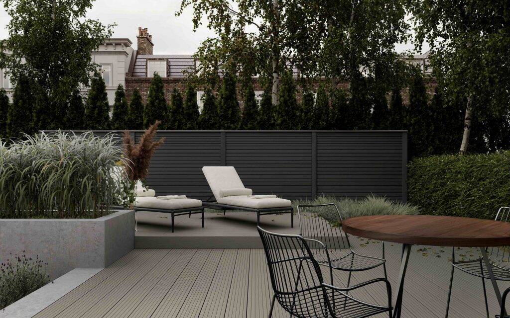 Charcoal composite fencing in a garden