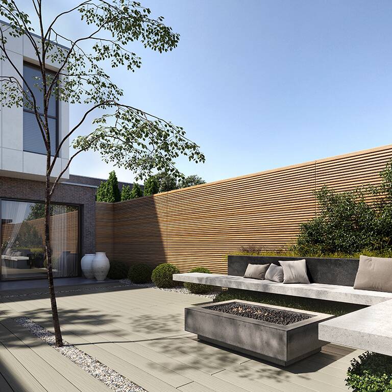 Silver Birch Decking Spiced Oak Slatted Cladding