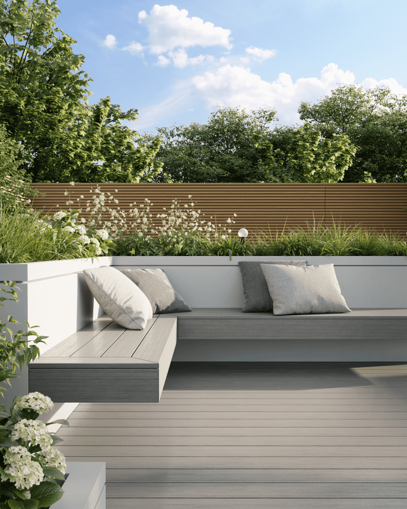 Linea composite decking in Granite with garden seating